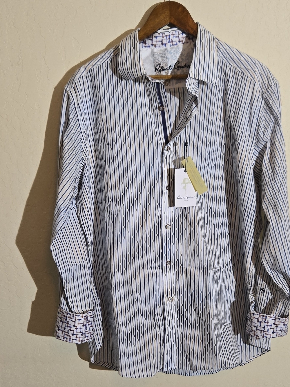 Robert Graham White Shirt with Navy Vertical Stripe Pattern